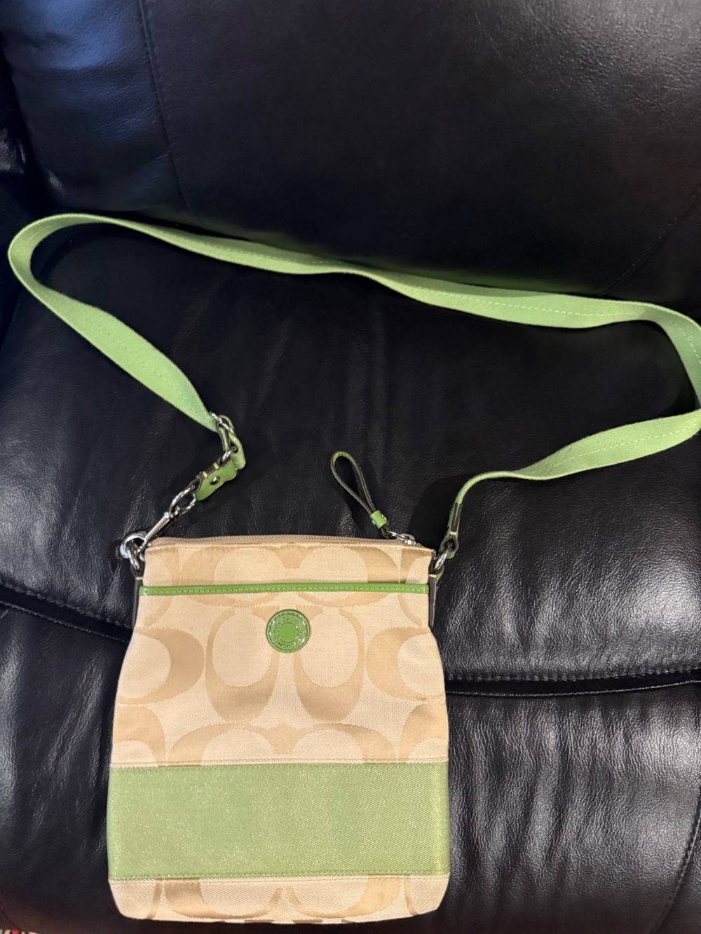 Coach Beige Signature Crossbody with Lime Green Trim